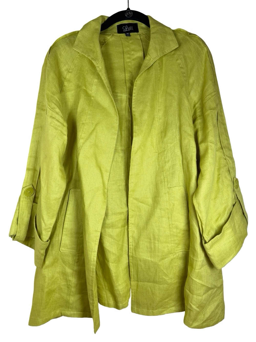 Luii 100% Linen Open Front Longer Line Chartreuse Jacket Sz M